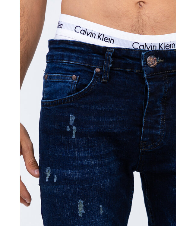 Donkerblauwe Skinny Heren Spijkerbroek met Geruwde Details