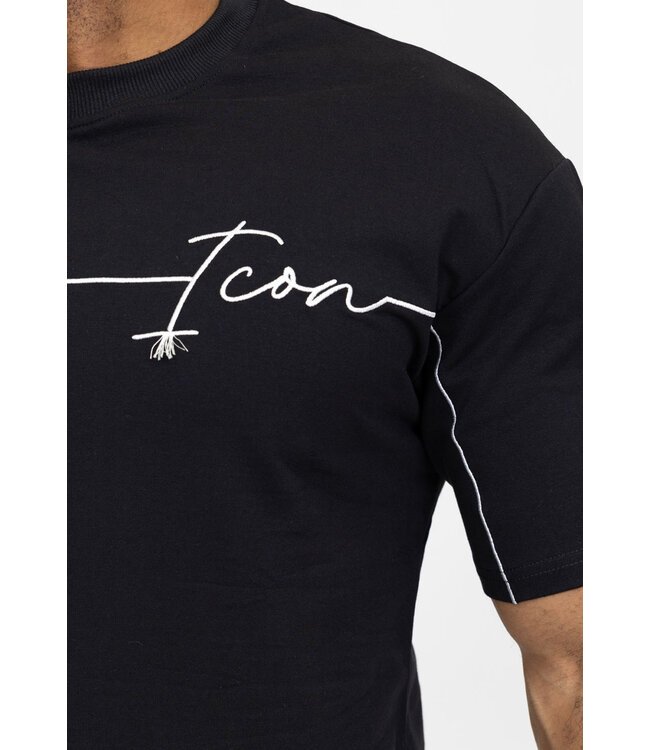Oversized Zwart Heren Shirt met Embroidery Lijn Detail