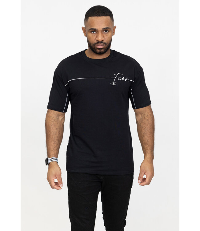 Oversized Zwart Heren Shirt met Embroidery Lijn Detail