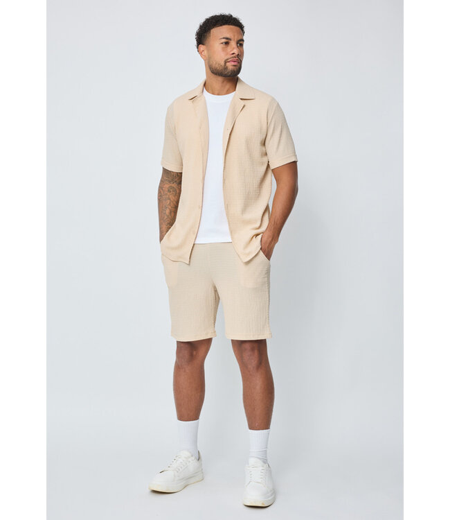 Beige Heren Set met Korte Mouwen Overhemd en Bijpassende Shorts van Structuurstof