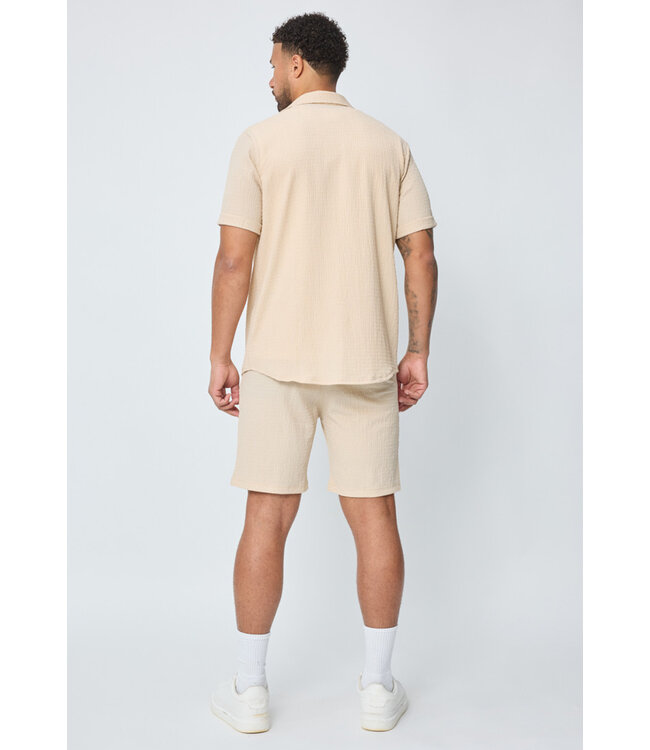 Beige Heren Set met Korte Mouwen Overhemd en Bijpassende Shorts van Structuurstof