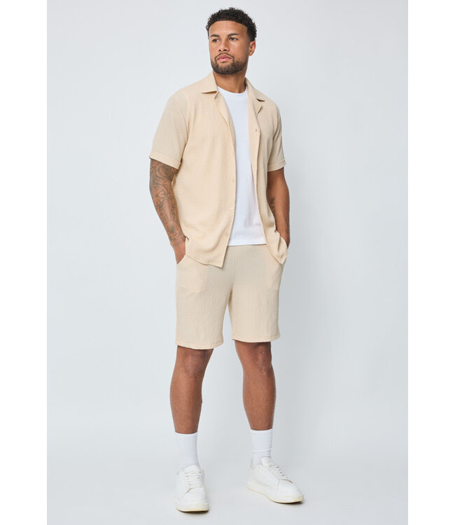 Beige Heren Set met Korte Mouwen Overhemd en Bijpassende Shorts van Structuurstof