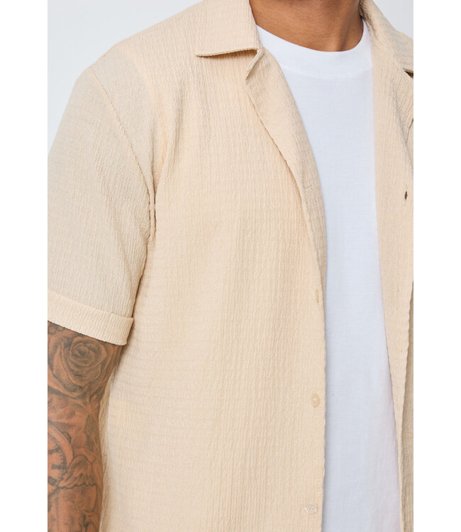 Beige Heren Set met Korte Mouwen Overhemd en Bijpassende Shorts van Structuurstof