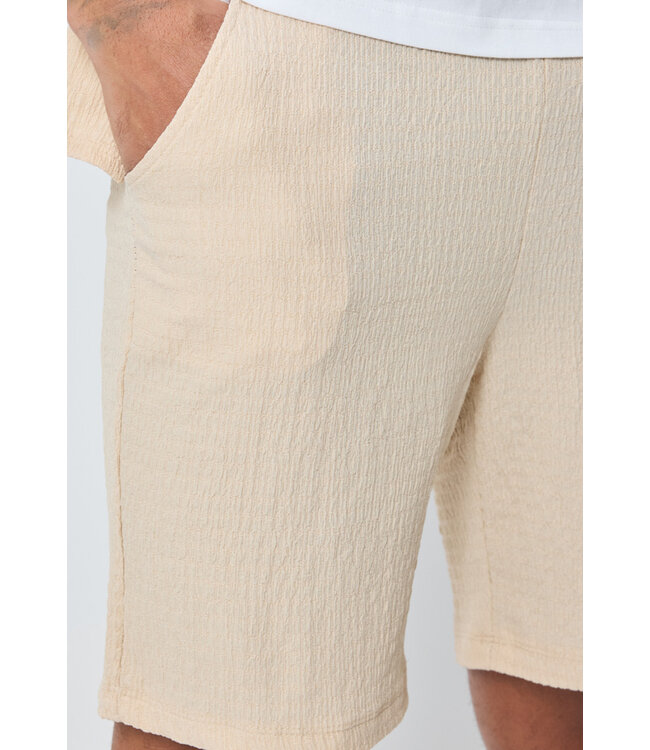 Beige Heren Set met Korte Mouwen Overhemd en Bijpassende Shorts van Structuurstof