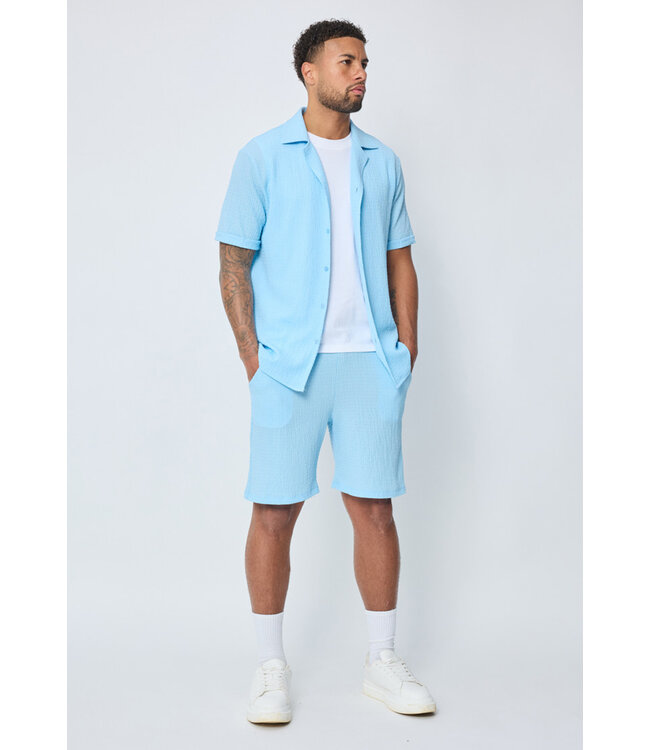 Lichtblauwe Heren Set met Overhemd en Korte Broek van Structuurstof