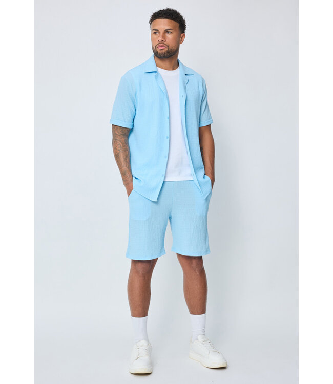 Lichtblauwe Heren Set met Overhemd en Korte Broek van Structuurstof