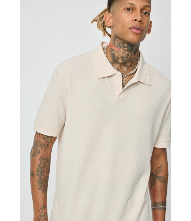 Beige Heren Polo met Open Kraag en Structuurpatroon