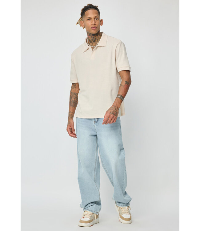 Beige Heren Polo met Open Kraag en Structuurpatroon