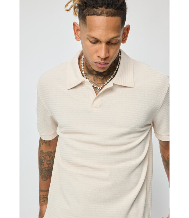Beige Heren Polo met Open Kraag en Structuurpatroon