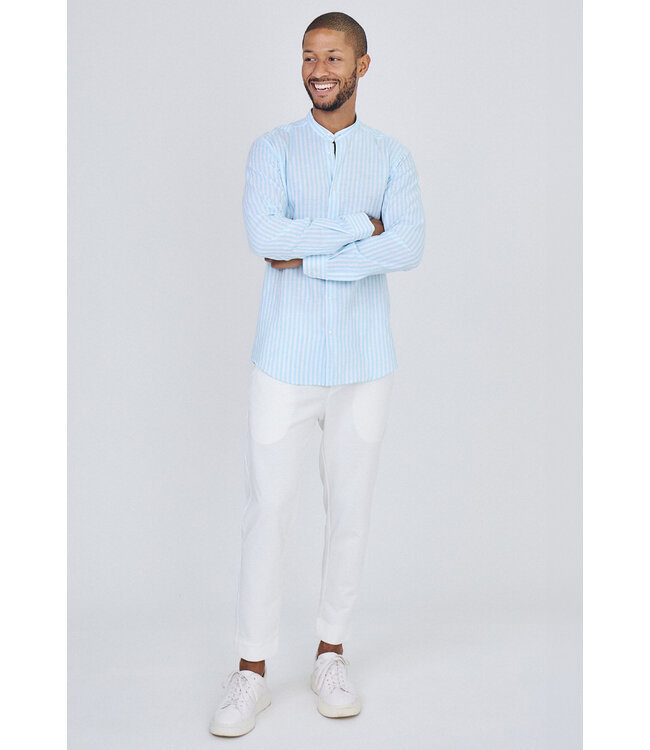 Lichtblauw Gestreept Heren Overhemd met Mao Kraag en Lange Mouwen