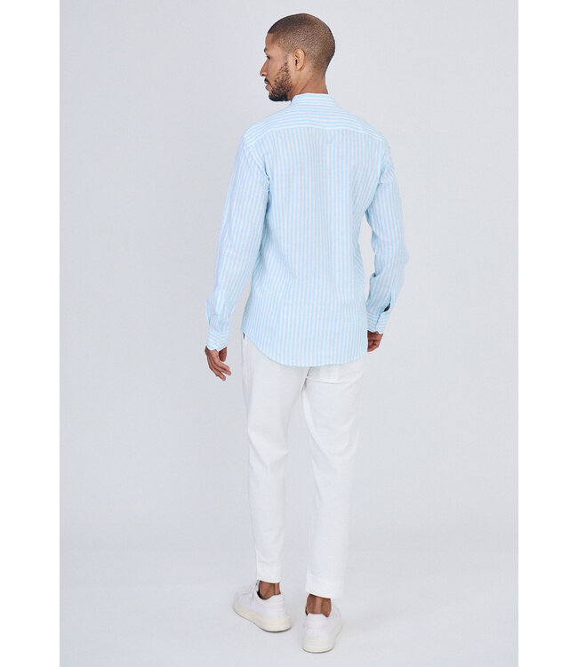 Lichtblauw Gestreept Heren Overhemd met Mao Kraag en Lange Mouwen