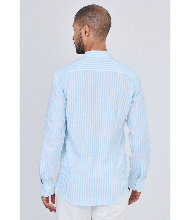 Lichtblauw Gestreept Heren Overhemd met Mao Kraag en Lange Mouwen