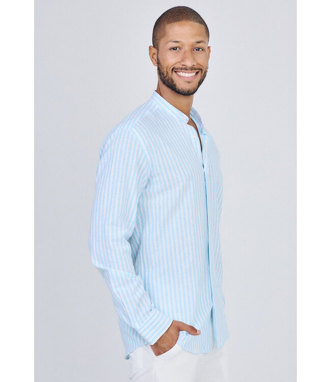 Lichtblauw Gestreept Heren Overhemd met Mao Kraag en Lange Mouwen