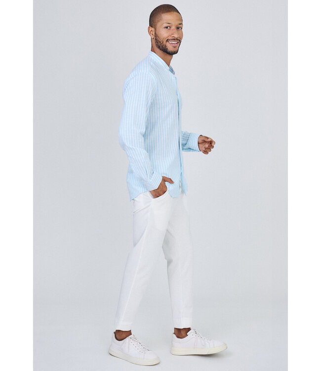 Lichtblauw Gestreept Heren Overhemd met Mao Kraag en Lange Mouwen