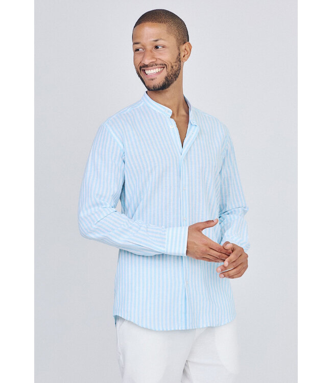 Lichtblauw Gestreept Heren Overhemd met Mao Kraag en Lange Mouwen