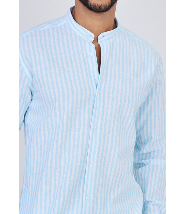 Lichtblauw Gestreept Heren Overhemd met Mao Kraag en Lange Mouwen