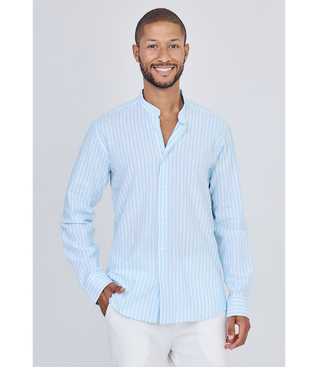 Lichtblauw Gestreept Heren Overhemd met Mao Kraag en Lange Mouwen