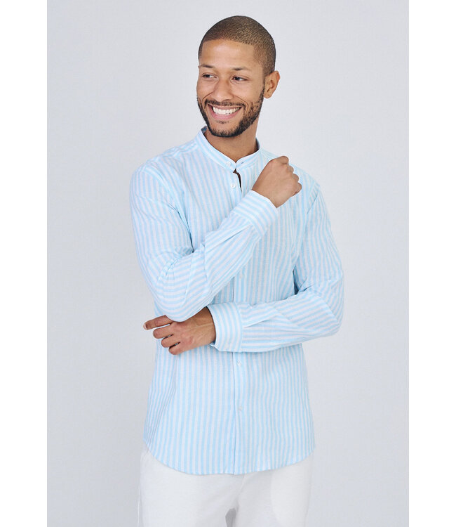 Lichtblauw Gestreept Heren Overhemd met Mao Kraag en Lange Mouwen