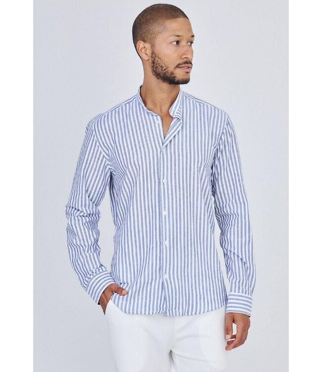 Blauw Gestreept Heren Overhemd met Mao Kraag en Luchtige Stof