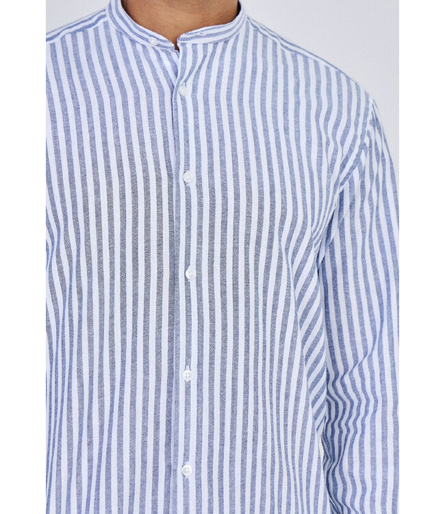 Blauw Gestreept Heren Overhemd met Mao Kraag en Luchtige Stof