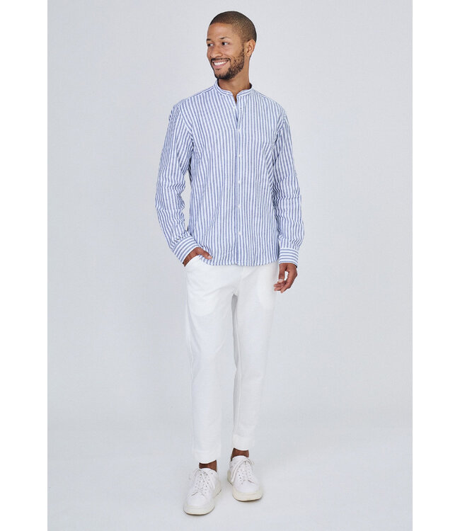 Blauw Gestreept Heren Overhemd met Mao Kraag en Luchtige Stof