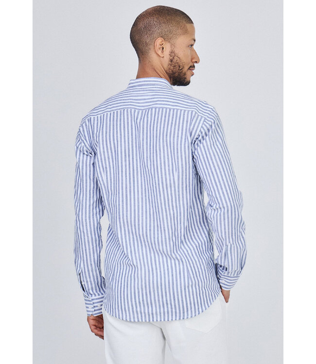 Blauw Gestreept Heren Overhemd met Mao Kraag en Luchtige Stof