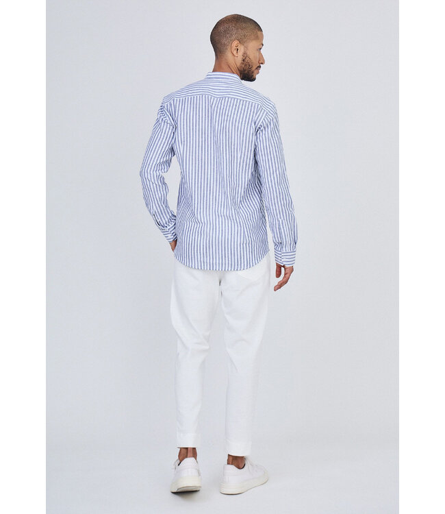 Blauw Gestreept Heren Overhemd met Mao Kraag en Luchtige Stof