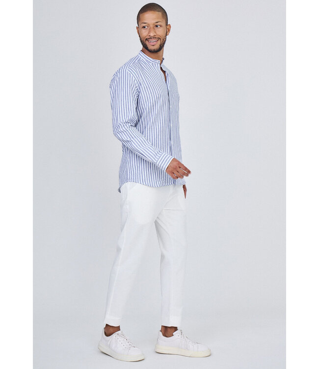 Blauw Gestreept Heren Overhemd met Mao Kraag en Luchtige Stof