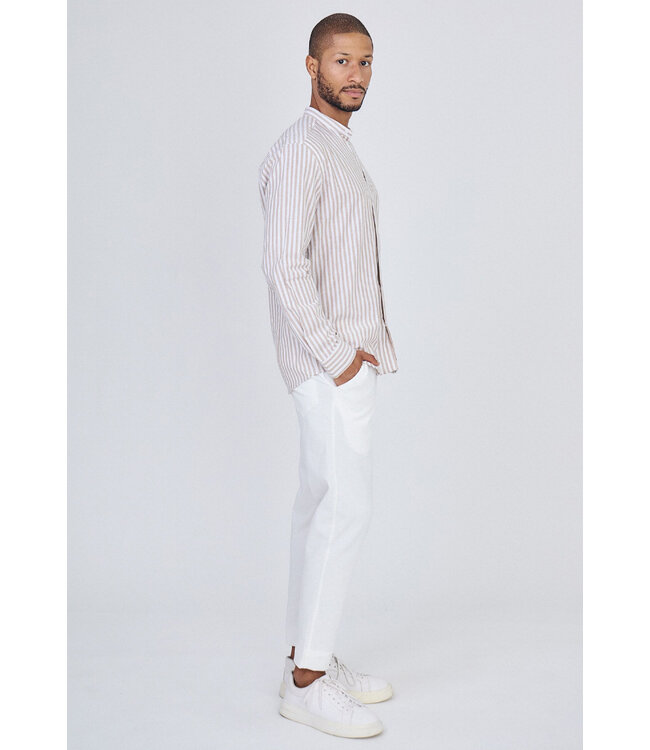 Beige Gestreept Heren Overhemd met Mao Kraag en Luchtige Pasvorm