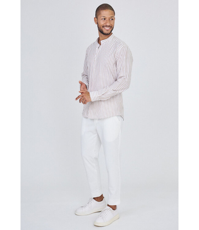 Beige Gestreept Heren Overhemd met Mao Kraag en Luchtige Pasvorm