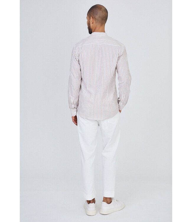 Beige Gestreept Heren Overhemd met Mao Kraag en Luchtige Pasvorm