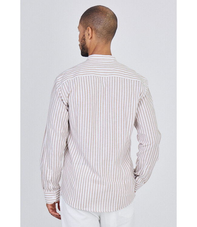 Beige Gestreept Heren Overhemd met Mao Kraag en Luchtige Pasvorm