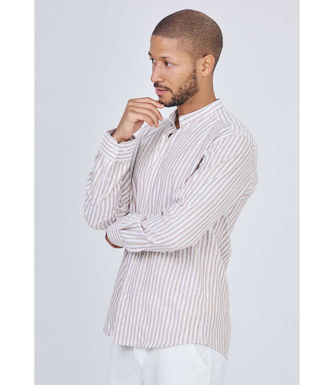 Beige Gestreept Heren Overhemd met Mao Kraag en Luchtige Pasvorm