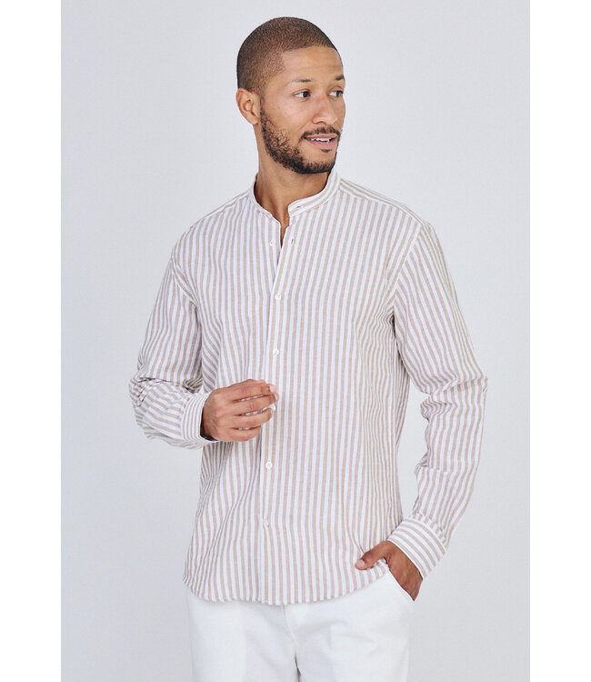 Beige Gestreept Heren Overhemd met Mao Kraag en Luchtige Pasvorm