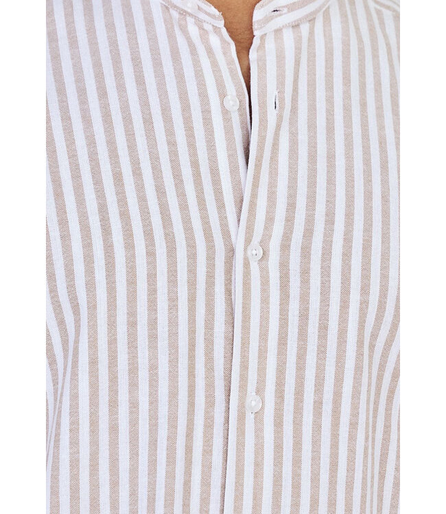 Beige Gestreept Heren Overhemd met Mao Kraag en Luchtige Pasvorm