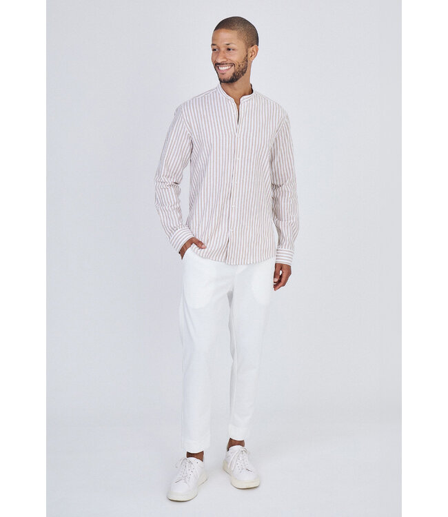 Beige Gestreept Heren Overhemd met Mao Kraag en Luchtige Pasvorm
