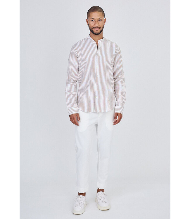 Beige Gestreept Heren Overhemd met Mao Kraag en Luchtige Pasvorm