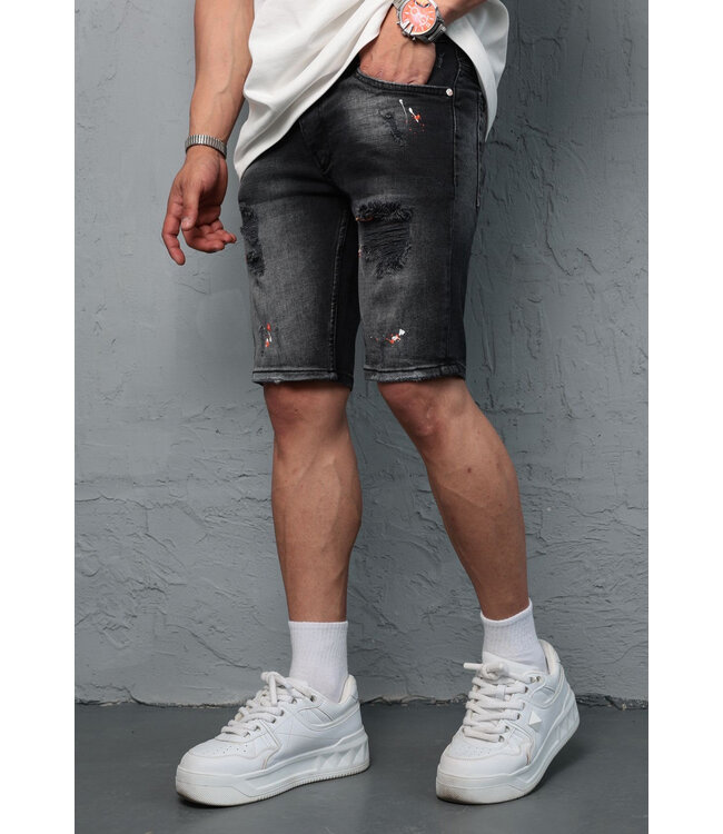 Zwartgrijze Heren Spijkershort met Slijtage en Verfspatten