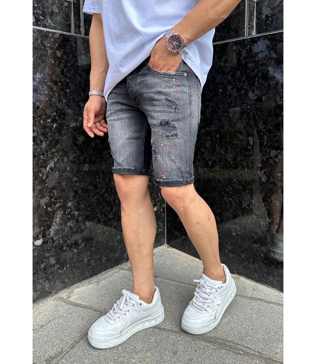 Antraciet Heren Jeansshort met Ripped Details en Verfspatten