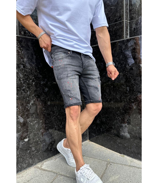 Antraciet Heren Jeansshort met Ripped Details en Verfspatten