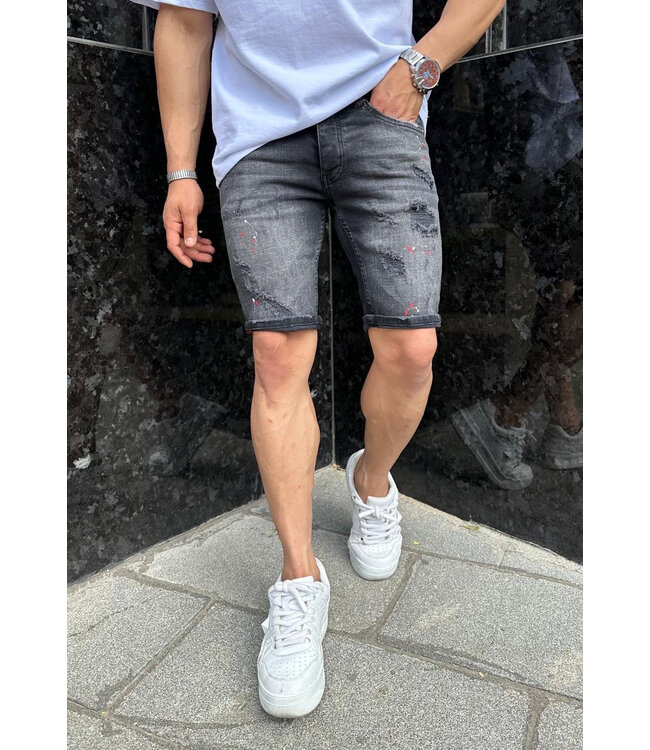 Antraciet Heren Jeansshort met Ripped Details en Verfspatten