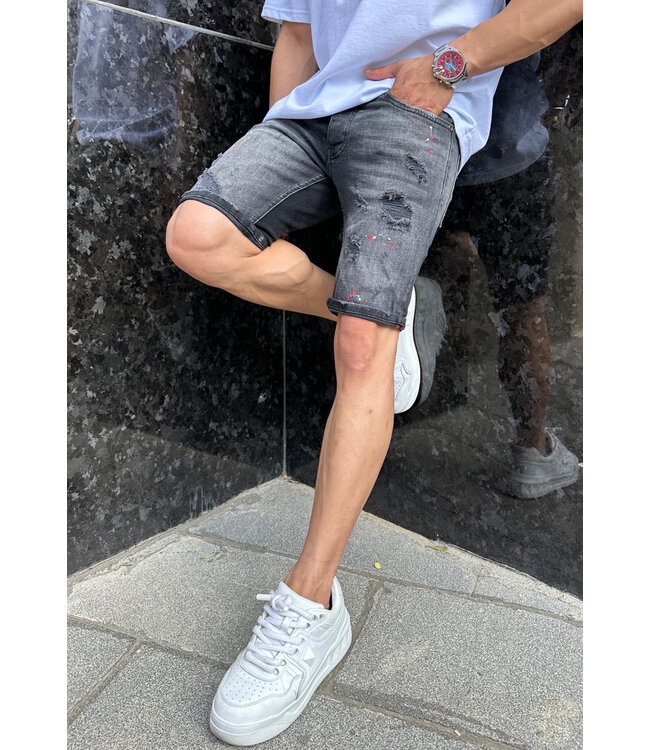 Antraciet Heren Jeansshort met Ripped Details en Verfspatten