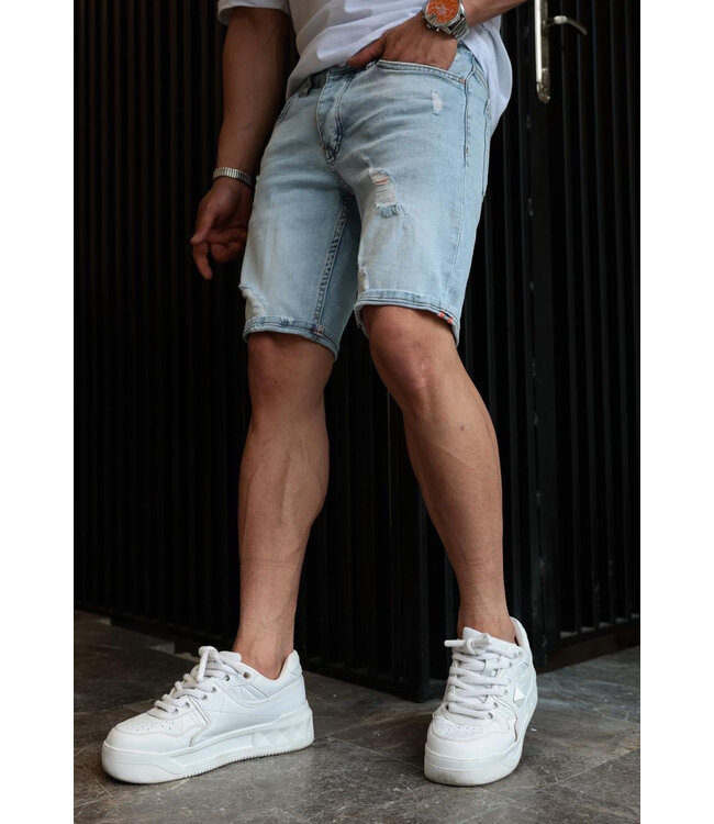 Lichtblauwe Heren Denim Short met Gescheurde Details