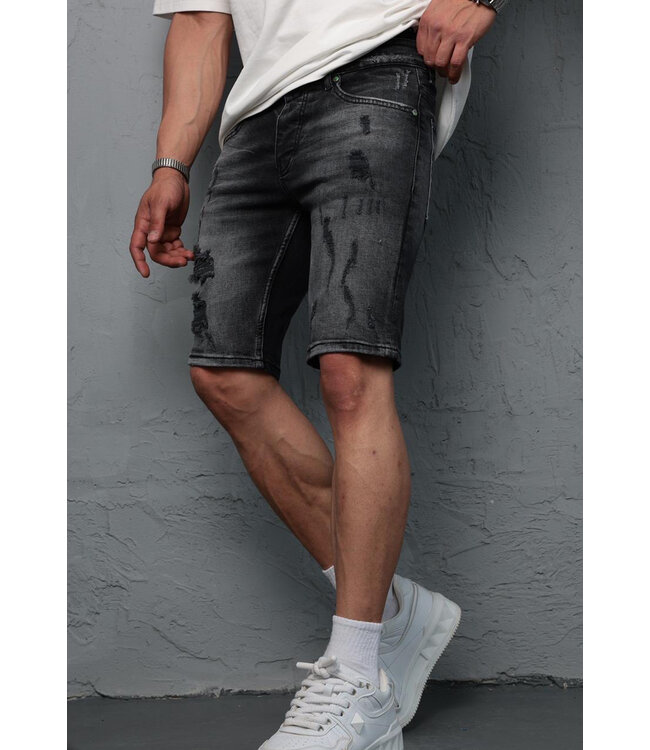 Donkergrijze Heren Jeansshort met Ripped Details en Vintage Wash