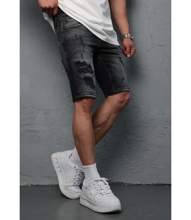 Donkergrijze Heren Jeansshort met Ripped Details en Vintage Wash