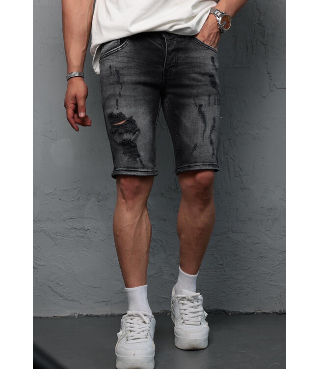 Donkergrijze Heren Jeansshort met Ripped Details en Vintage Wash