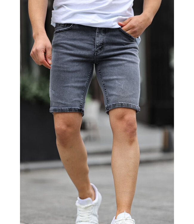 Grijze Heren Jeansshort met Stretch en Opgerolde Zoom