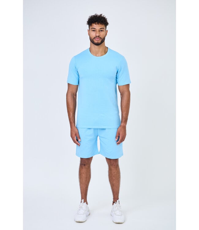 Lichtblauwe Heren Set met Ronde Hals T-shirt en Stretch Shorts