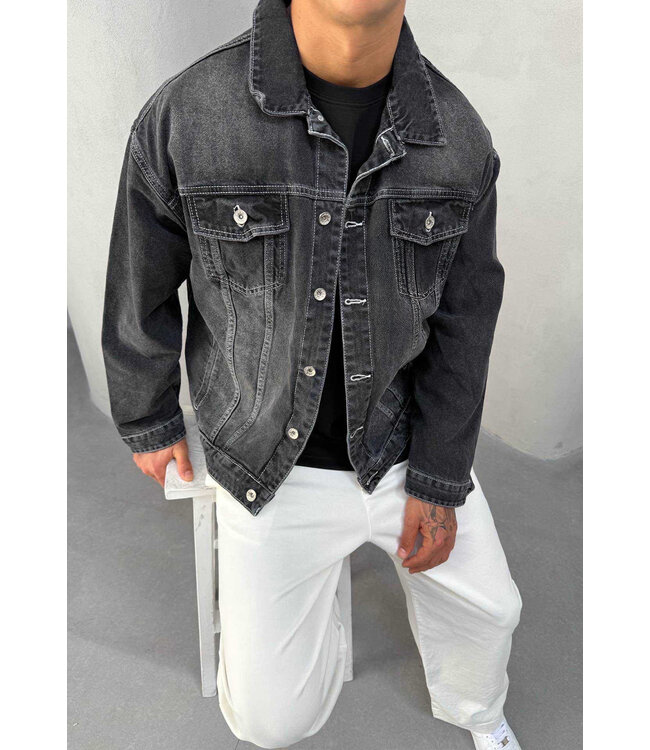Zwarte Denim Jas met Vintage Wassing en Metalen Knopen voor Heren