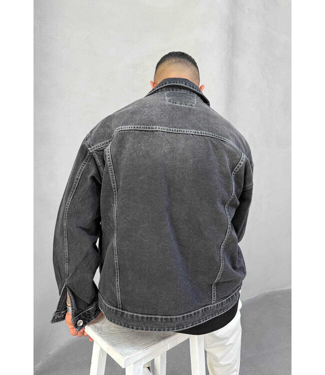Zwarte Denim Jas met Vintage Wassing en Metalen Knopen voor Heren